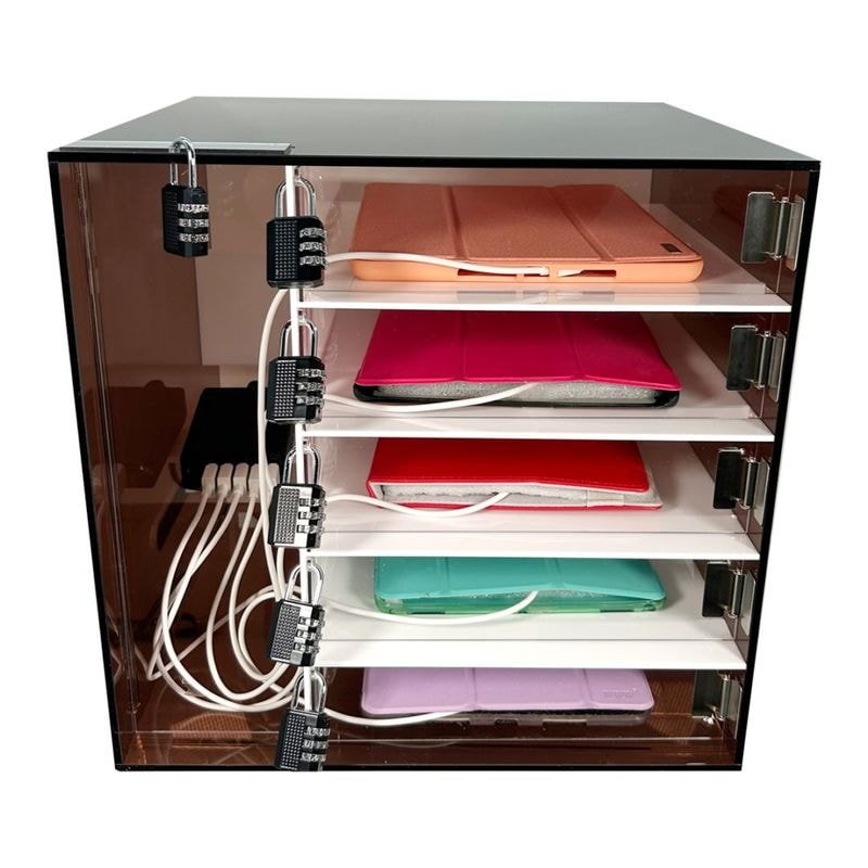 個室型 5台用 タブレット充電ポート保管用ロッカー ダイヤル錠付  充電ステーション5ポート 充電スタンド ブラウンスモーク・扉透明　【脇ポート式・ほこりから守る】　 ipad Kindle