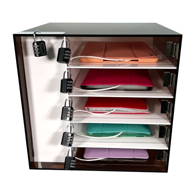 個室型 5台用 タブレット充電ポート保管用ロッカー ダイヤル錠付  充電ステーション5ポート 充電スタンド ブラウンスモーク・扉透白　【脇ポート式・ほこりから守る】　 ipad Kindle