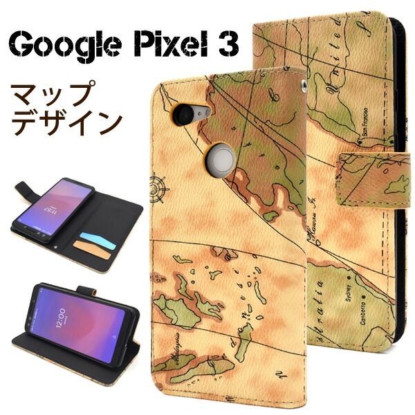 メール便送料無料<br>Google Pixel 3用ワールドマップデザイン手帳型ケース
