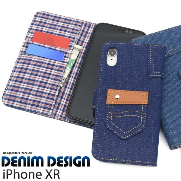 メール便送料無料<br>iPhone XR 用チェックデニムデザイン手帳型ケース