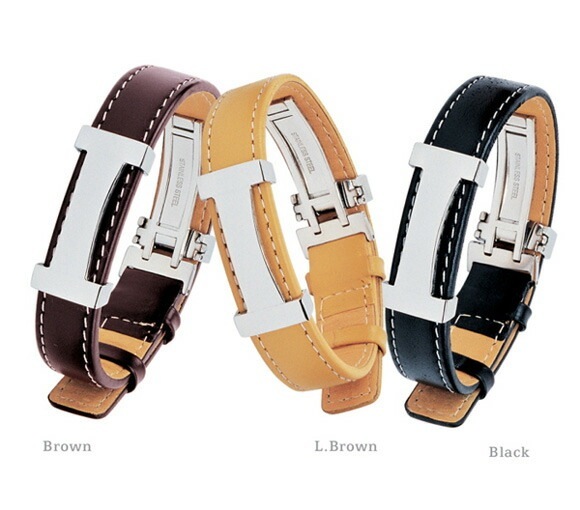送料無料<br>ステンレス＆レザーブレスレット<br>全３色