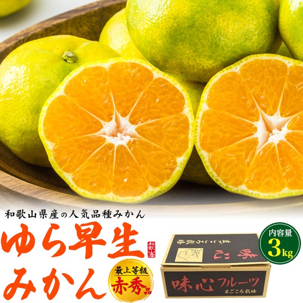 送料無料<br>和歌山県産の人気品種「ゆら早生みかん」 　 最上等級 赤秀品 約3kg