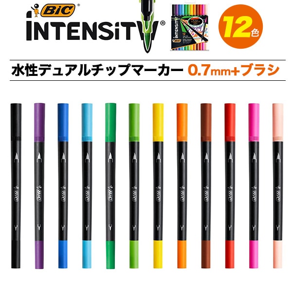 メール便送料無料<br>BIC インテンシティ 水性デュアルチップマーカー フェルトチップ 0.7mm+ブラシチップ筆　12色