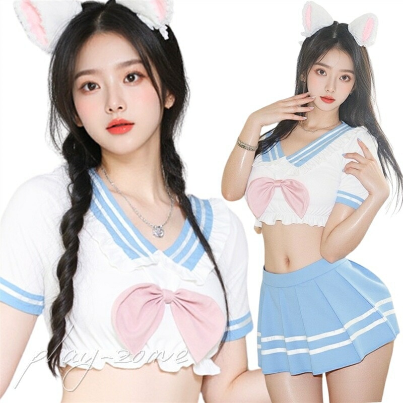 学生服 コスプレ セクシー コスチューム 制服 ミニ セーラー服 レディース 4点セット トップ スカート Tバック リボン ストレッチ 仮装 コスプレ衣装 イベント D160