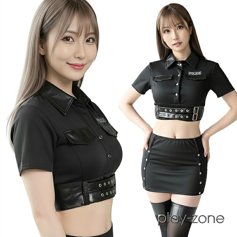 ポリス コスプレ セクシー コスチューム 3点セット トップス スカート Tバック レディース スパンデックス レザー調 襟 スタッズ付き タイト 制服 コスプレ衣装 撮影 イベント ブラック 大人 可愛い D008