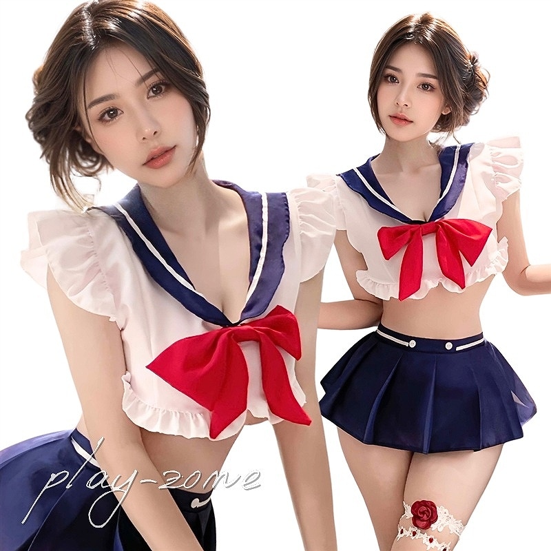 セーラー服 コスプレ セクシー セーラー セクシー コスチューム レディース ミニスカート 制服 コスプレ衣装 可愛い セクシーコスプレ 上下セット リボン付き Tバック付き 撮影 イベント D162A