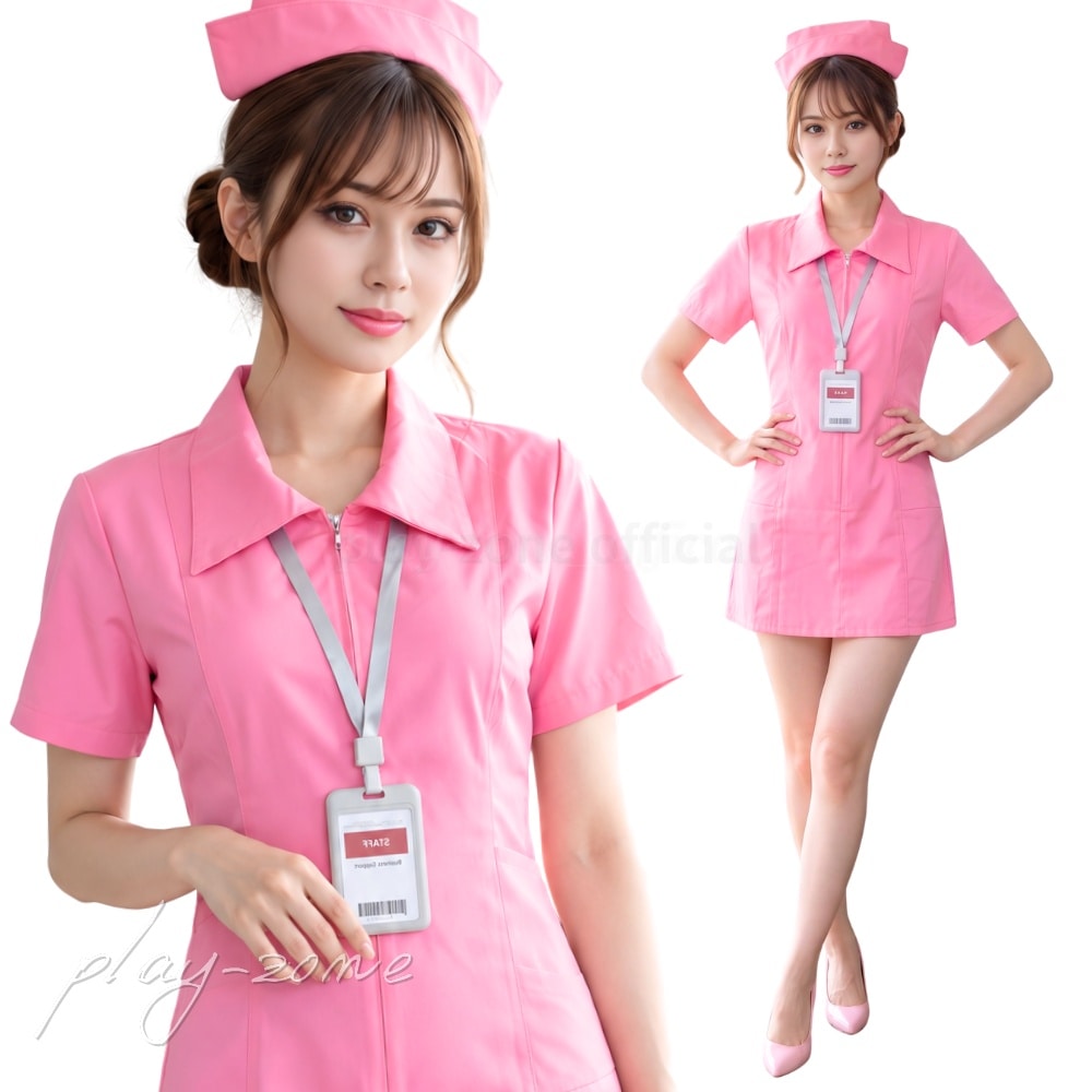 ナース コスプレ 5点セット ピンク ワンピース ナース服 コスチューム ハット Tバック 吊り下げ札 ヘアピン レディース D197P
