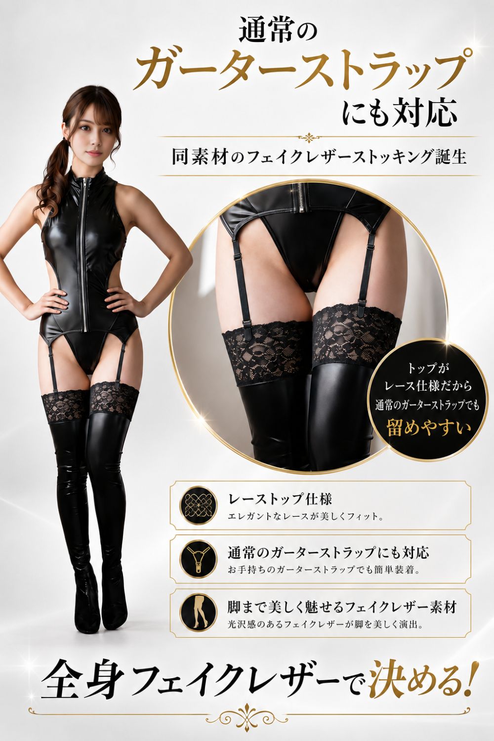 セクシー ランジェリー ガーター ビスチェ スリーインワン ボンテージ コスプレ 仮装 セクシー コスチューム セット 女王様 仮装 フェイクレザー A195 商品画像