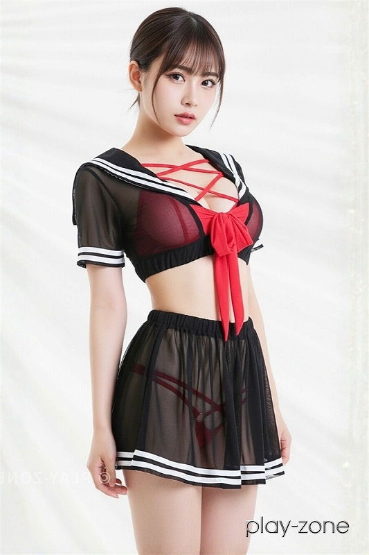 セーラー服 コスプレ セクシー コスチューム 学生服 コスプレ衣装 jk 女 学生 制服 コスチューム jc 仮装 セクシー ランジェリー 可愛い 衣装 シースルー メッシュ 透け透け ブラック レッド セクシーコスプレ 撮影 イベント D189 商品画像
