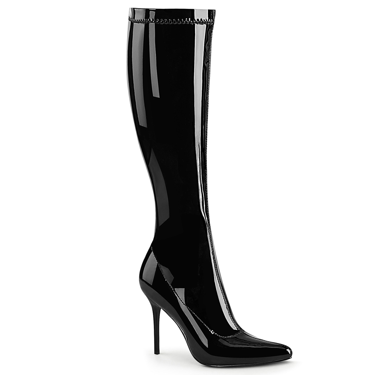 希少品　ユニセックス　エナメル黒のスタイリッシュなニーハイブーツ Pleaser(プリーザー) CLASSIQUE-2000 ピンヒール ストレッチニーハイ