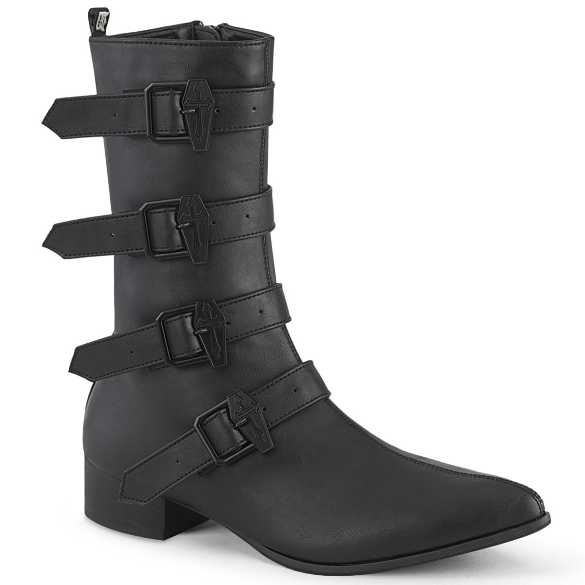 Demonia(デモニア) WARLOCK-110-B ブロックヒール ポインテッドトゥ ミッドカーフブーツ 棺バックル つや消し黒 #Men's/Unisex◆取り寄せ Demonia(デモニア) WARLOCK-110-B ブロックヒール ポインテッドトゥ
