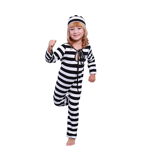 ユニセックスで楽しめる！子供用囚人服コスチューム（ボーダー柄・帽子付き）