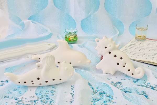 動物オカリナ色付けキット｜ラッコ・イルカ・タツノオトシゴの陶製楽器クラフト【ニス＆絵の具付き】