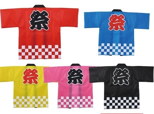 大人用市松柄祭不織布はっぴ 6色展開｜軽量＆撥水タイプ・帯付き