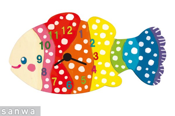 お絵描き魚型時計キット くまのみデザイン｜自由に色塗りできる木製クラフト【完成サイズH10×W19cm】