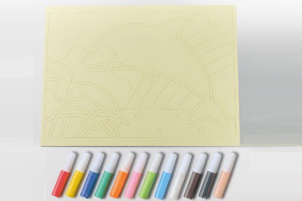 夏イルカ砂絵キット【簡単・子供向け工作】ココナッツ＆イルカのカラフルデザイン｜12色入り色砂セット付き｜200×150mm