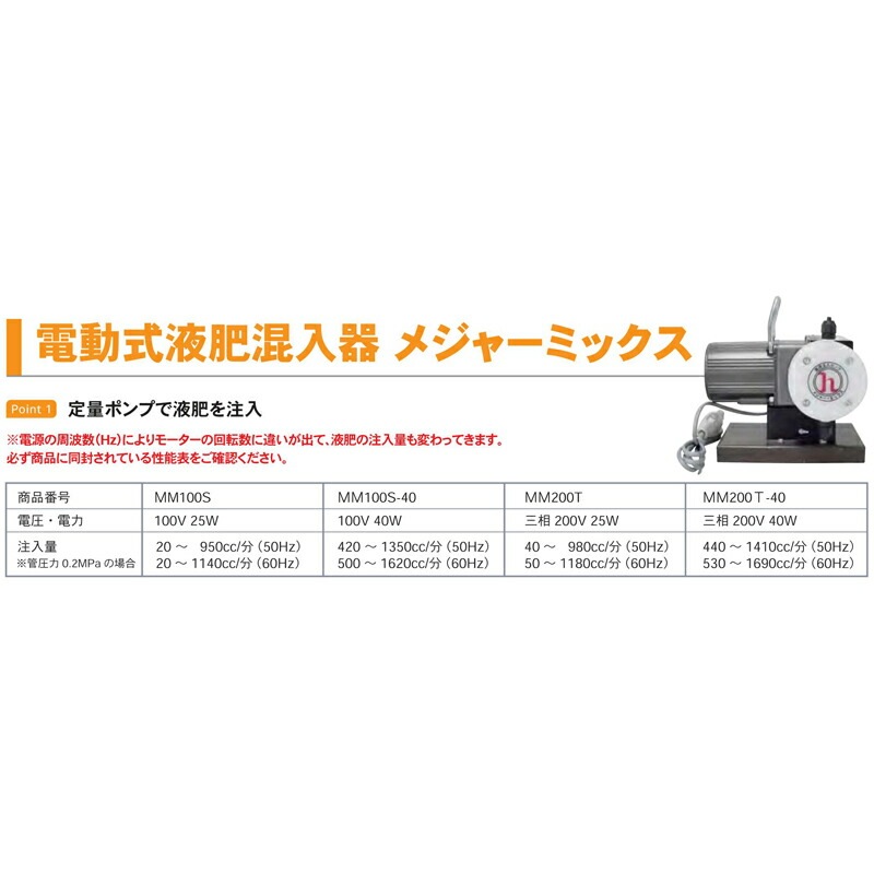 電動式液肥混入器メジャーミックスMM200T-40電圧・電力三相200V40W注入量440~1410cc潅水用品のサンホープ【代引不可】