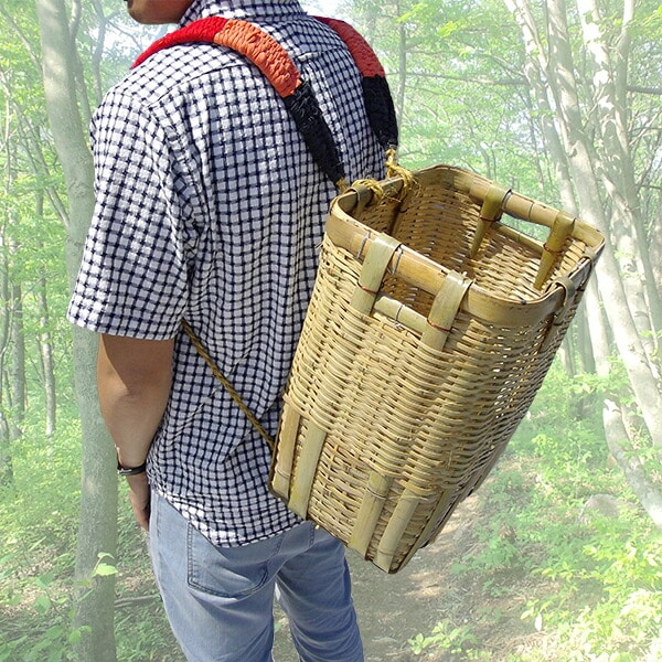 竹製 背負い籠 角大 40cm×34cm×高さ46cm 収穫かご 竹籠 渋Y H