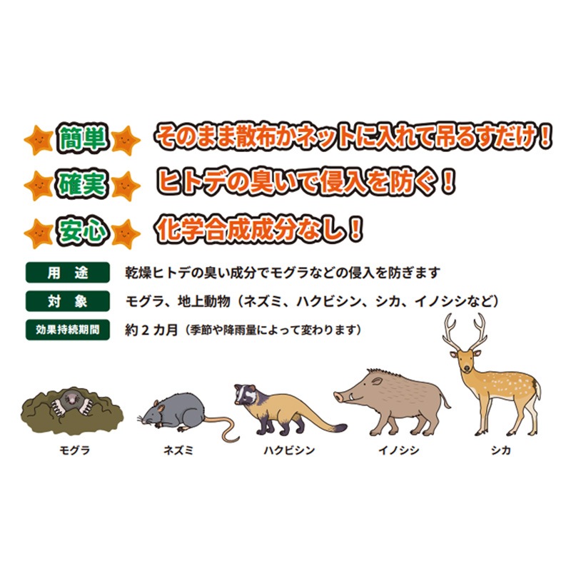 忌避剤 ヒトデでくるな パネフリ 1kg 10坪用 非農耕地用 ヒトデ 粉末 旧名：モグラくるな 土竜 害獣 防獣 シカ ハクビシン イノシシ カラス ハト にも タS DZ