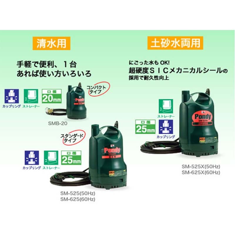 簡易汚水用水中ポンプ ポンディ SM-525X 50Hz 土砂水両用 吐出口径25mm(G1″) 全揚程9.5m 重量4.8kg 工進 KOSHIN 散水 給水 シB 代引不可