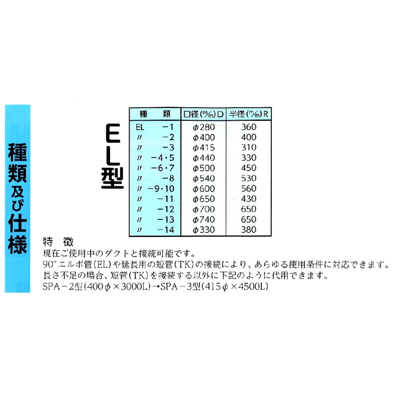米麦 乾燥機専用 排風ダクト 90° エルボ EL型 直径700 適用ダクト:SPA-12 SPA-15 田中昇降機 折りたたみ コンパクト 施設 農舎 排塵 塩化ビニール H