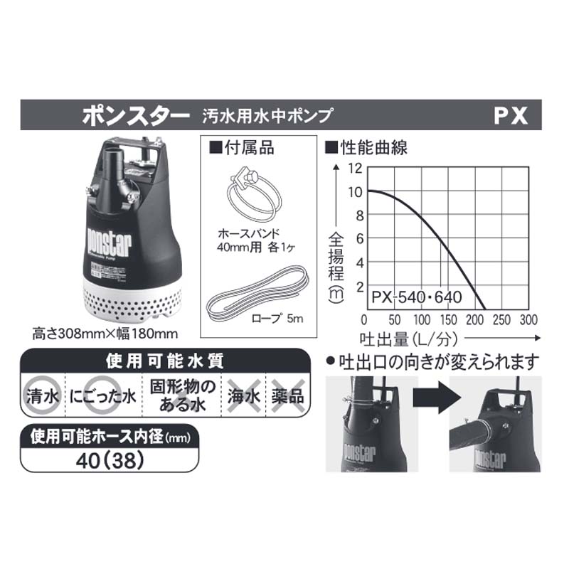 汚水用水中ポンプ ポンスター PX-640 60Hz 口径40mm 全揚程10m 重量11kg 工進 KOSHIN 散水 給水 シB 代引不可