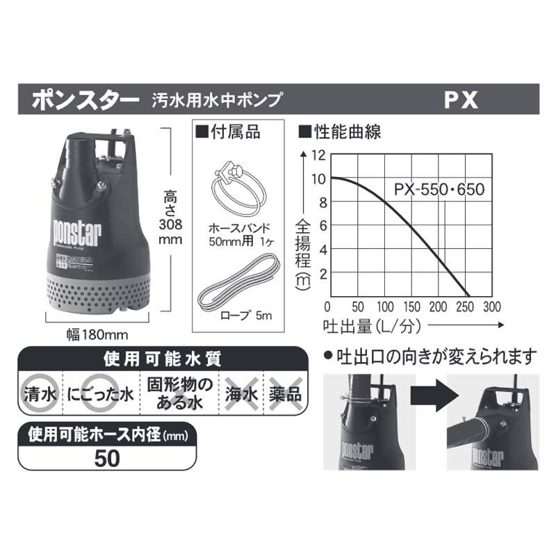 汚水用水中ポンプ ポンスター PX-550 50Hz 口径50mm 全揚程10m 重量11kg 工進 KOSHIN 散水 給水 シB 代引不可