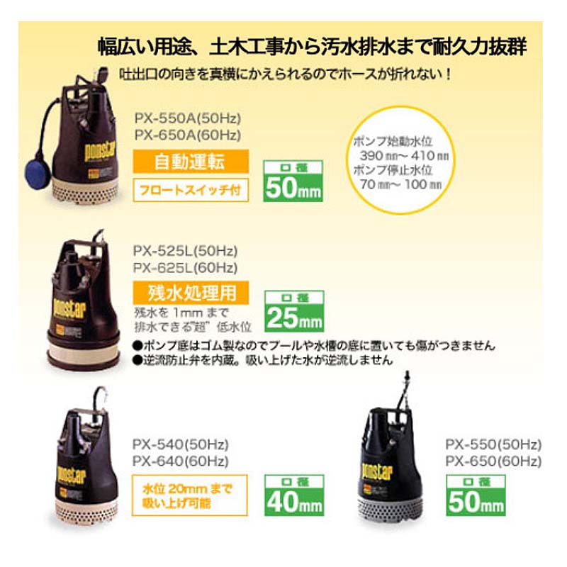汚水用水中ポンプ ポンスター PX-550 50Hz 口径50mm 全揚程10m 重量11kg 工進 KOSHIN 散水 給水 シB 代引不可