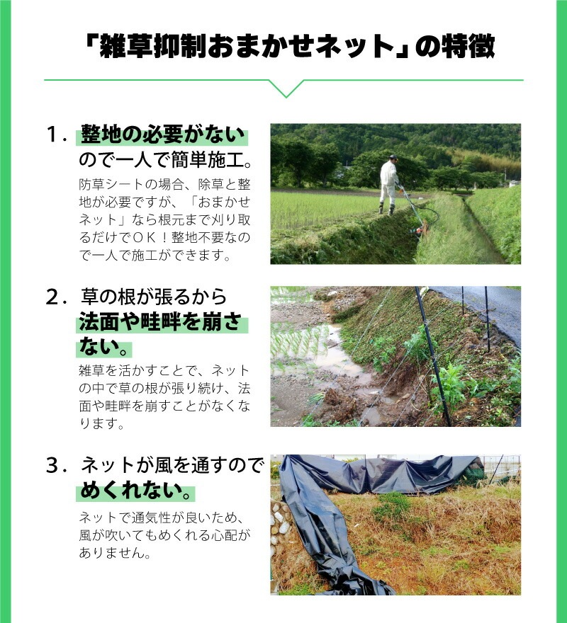 雑草抑制 おまかせネット グリーン 幅2m × 50m巻 耐用年数約8年 UV剤入り 防草 防虫 崩壊しにくい 簡単 施工 おまかせねっと 大一工業 北海道不可 代引不可
