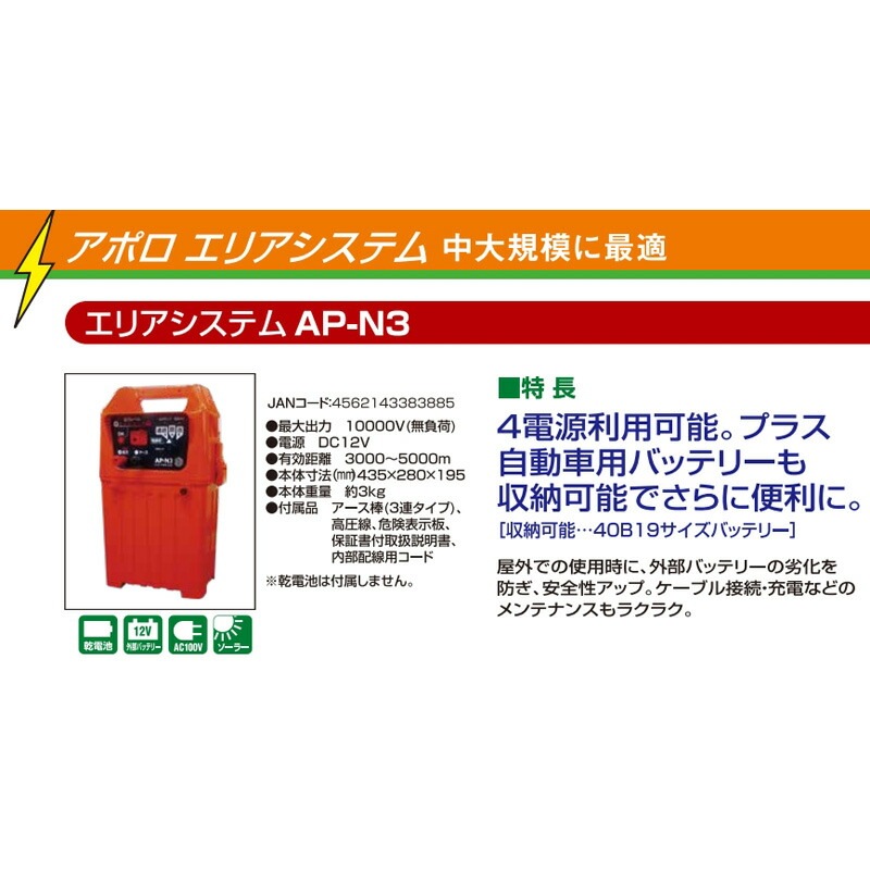プラスワイズ本店｜アポロ 電気柵 エリアシステム 中距離 本体 AP-N3