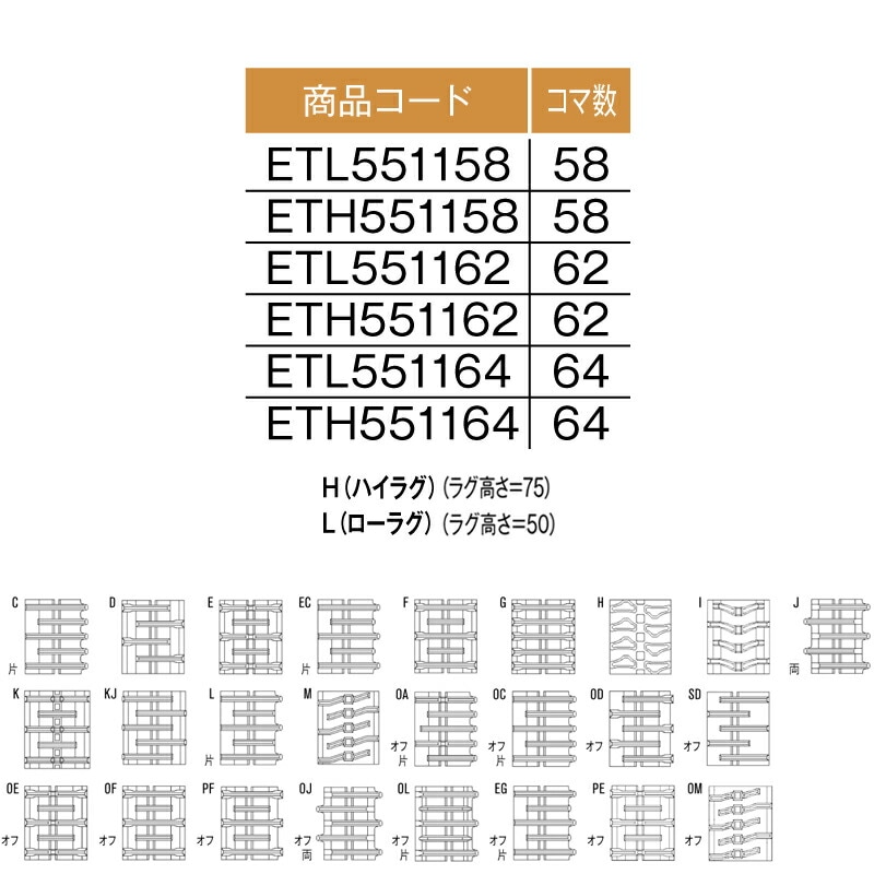 トラクタ ゴムクローラ フルクローラ ETH551162 2個 幅550mm×ピッチ110×コマ数62 東日興産 イセキ 三菱 モロオカ 耐久 オK 個人宅配送不可 代引不可