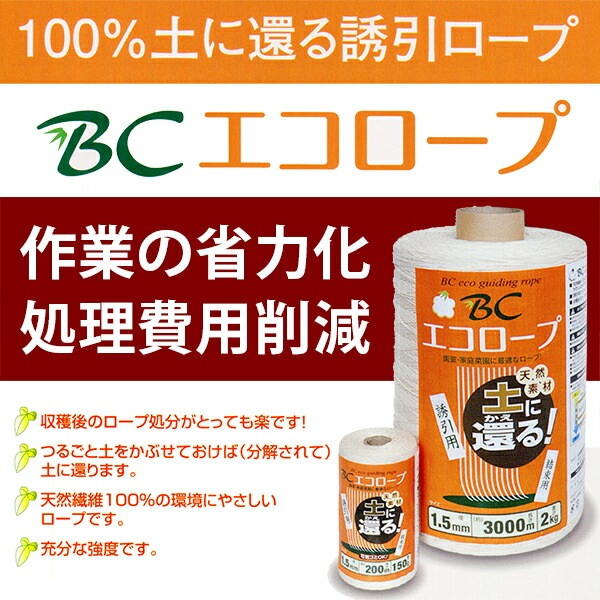 10巻 BCエコロープ 1.5mm×3000m 野菜用吊るし紐 トマト・キュウリ 園芸用誘引紐 薔薇 麻紐より滑りが良く扱い易い 高K 代引不可