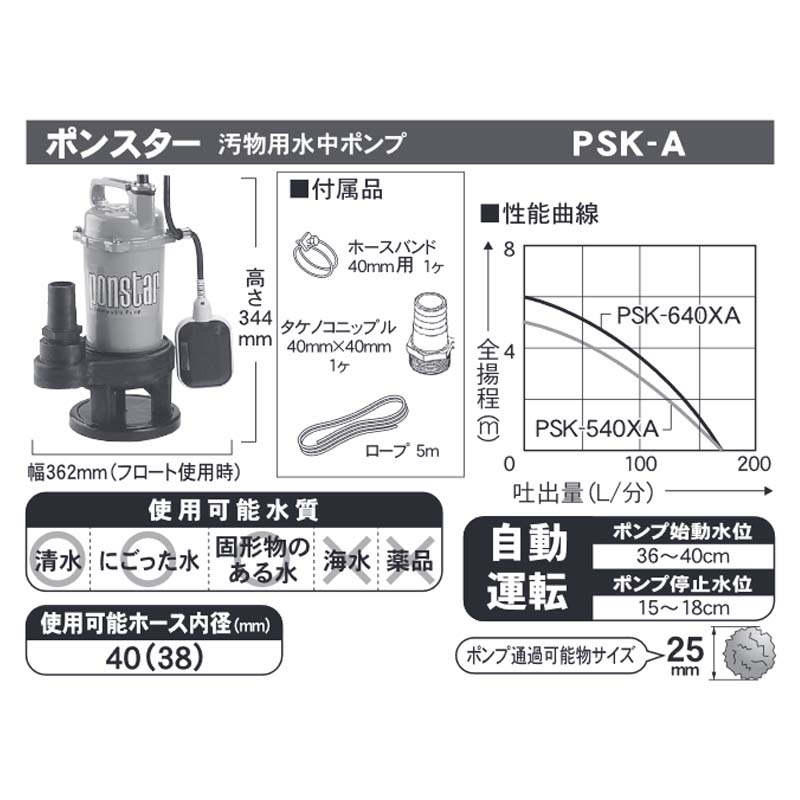 汚物用水中ポンプ ポンスター PSK-640XA 60Hz フロートスイッチ付 口径40mm 全揚程6m 重量5.6kg 工進 KOSHIN 排水 給水 シB 代引不可