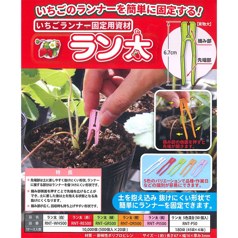50個 ラン太 いちごランナー固定用資材 5色セット アソート RNT-P50 白 赤 緑 橙 桃 苺資材 イチゴ栽培 シーム タS 代引不可