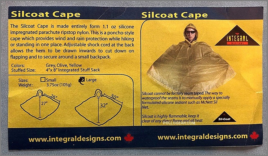 2012 デッドストック<br>INTEGRAL DESIGNS Silcoat Cape<br>シルナイロン シルコートケープ<br>ウルトラライト ポンチョ<br>インテグラルデザイン