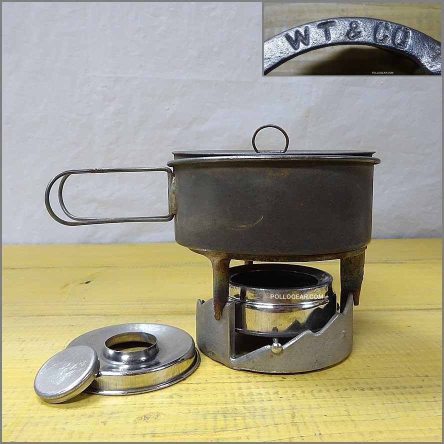 Early 1900’s WT&CO USA<BR>クッカー アルコールストーブ<BR>Vintage Tin Pot & Spirit Burner<BR>Whitall Tatum & Co Pocket Stove<BR>ビンテージ ポケットストーブ アメリカ製 