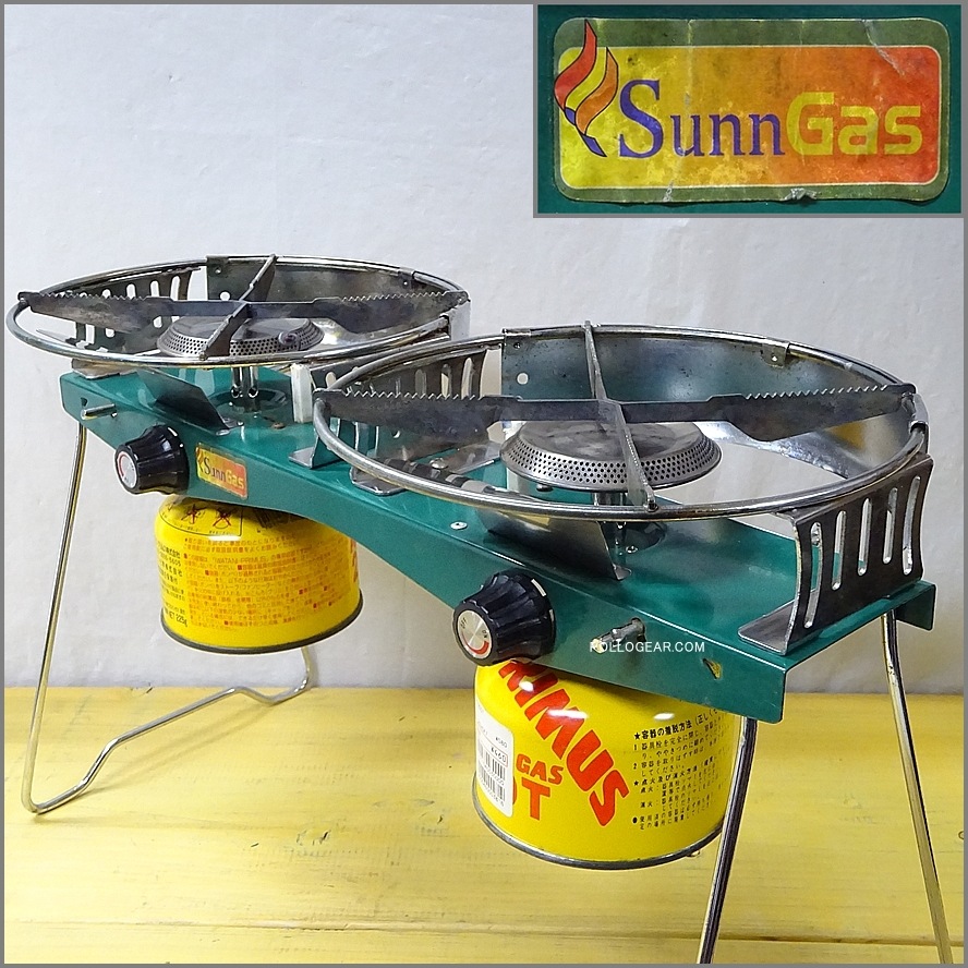 90’s コンパクトツーバーナー<BR>UK製 VINTAGE SUNNGAS<BR>Sunnflair SUNN CAMP<BR>OD缶 ガス ストーブ ビンテージ<BR>グリーンカラー レトロスタイル 