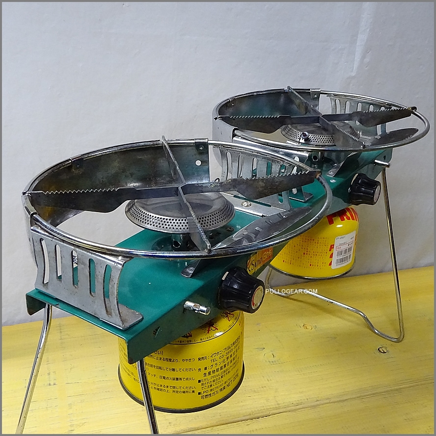 90’s コンパクトツーバーナー<BR>UK製 VINTAGE SUNNGAS<BR>Sunnflair SUNN CAMP<BR>OD缶 ガス ストーブ ビンテージ<BR>グリーンカラー レトロスタイル 