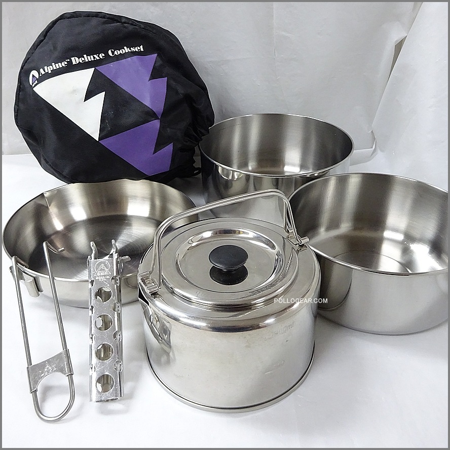 1999年 デッドストック MSR <BR>旧ロゴ ステンレスクッカー<BR>アルパイン ティーケトル<BR>Alpine Deluxe Cook Set<BR>シーガル ビンテージキャンプ 
