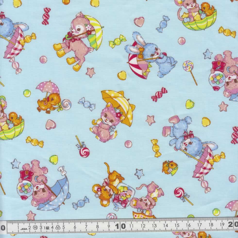 Japanese Children's Fabrics レトロアニマル レトロアニマル キャンディー＆パラソル柄 ブルー【30cm以上10cm単位