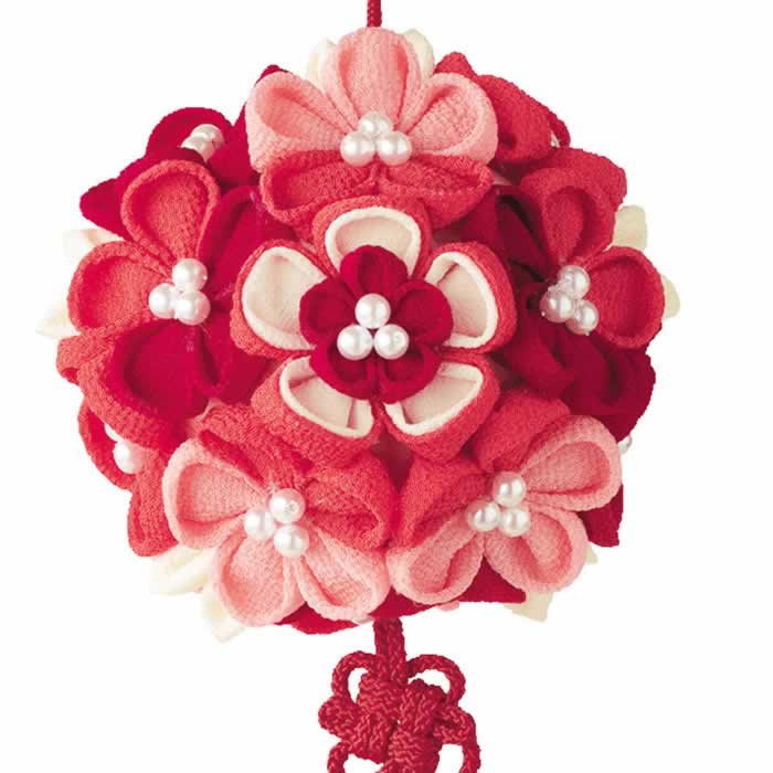 送料無料 手まりキット（花手まり・花手毬）つまみ細工(赤） つり台M