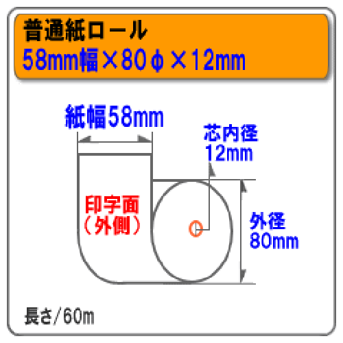 58mm×80φ×12mm 上質紙（普通紙)レジロール 100巻 SJ588012-100K