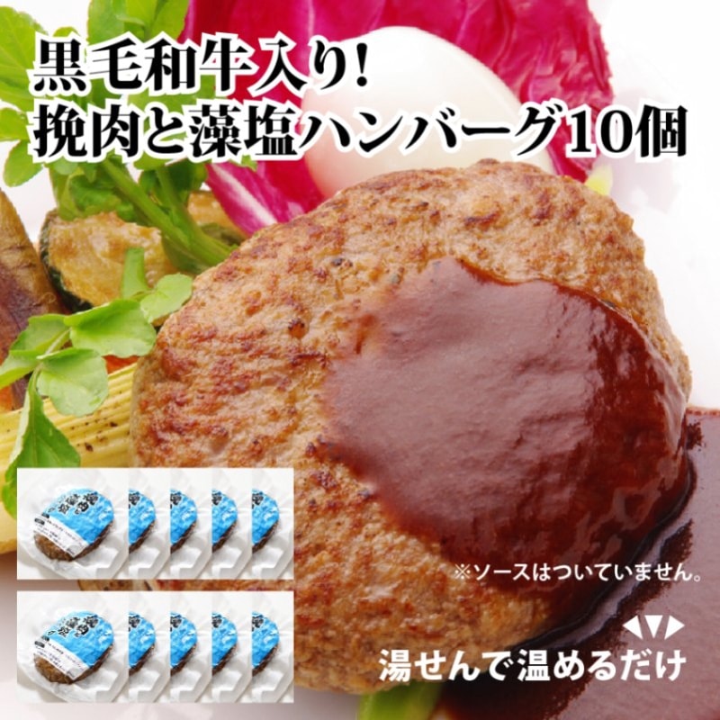 (10袋セット)お得!挽肉と藻塩ハンバーグ(プレーン)まとめ買い 焼成済 和牛入り 卵・乳成分不使用