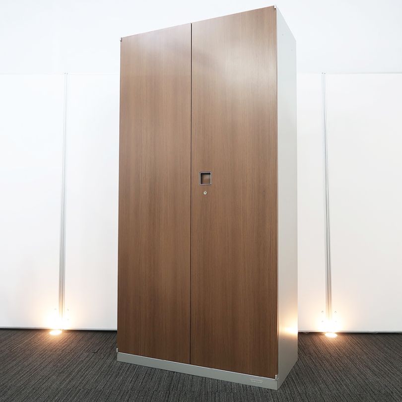 【中古】【収納キャビネット】両開き書庫　オカムラ／レクトライン（ネオウッドダーク色）