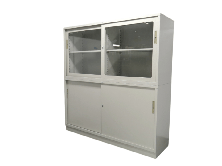 【中古】63上下書庫 ナイキ ガラス+スチール引き違い 中古オフィス家具 S4360