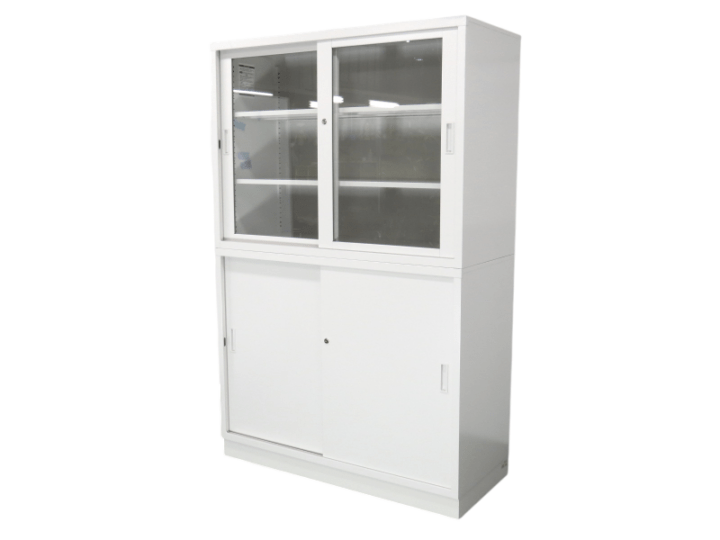 【中古】43書庫 豊國工業 ガラス引き違い+スチール引き違い上下書庫 25年製 中古オフィス家具 R4757