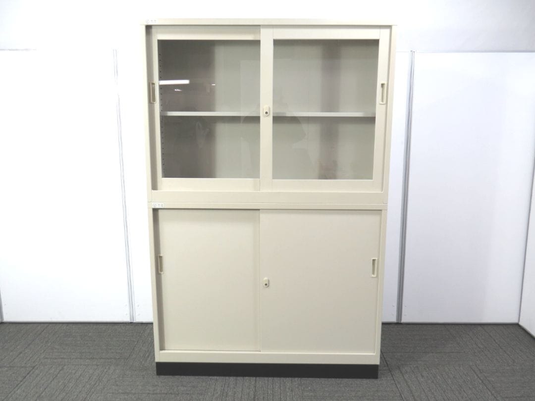【中古】43上下書庫 生興 ガラス+スチール引き違い 中古オフィス家具 R4842