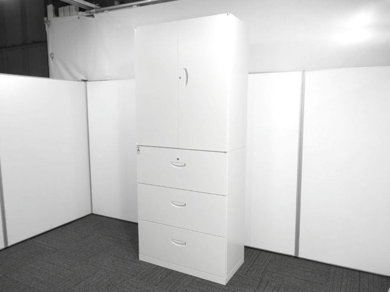 【中古】クウォール 生興 両開き+3段ラテラル書庫 ホワイト 中古オフィス家具 S4908　【まとめ買い対象商品】