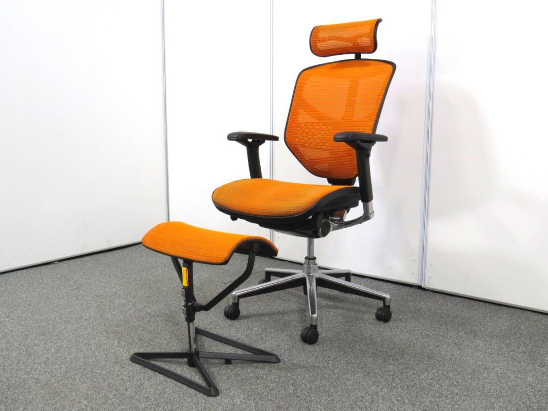 【中古】エンジョイ エルゴヒューマン 可動肘 ヘッドレスト オットマン付き 中古オフィス家具 Y5163R