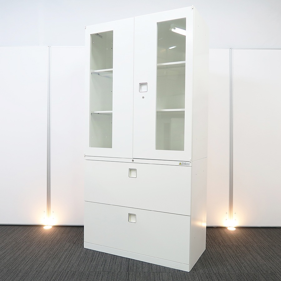収納キャビネット】中古オフィス家具<br>【ガラス両開き + 2段ラテラル